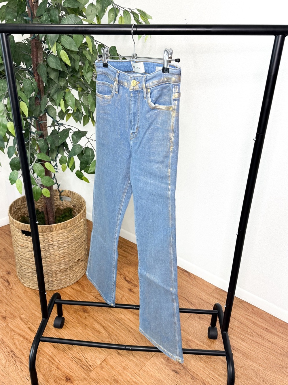 FRAME Le Crop Mini Boot Jeans Women’s Size 26 Light Wash Gold Hologram Metallic - Picture 4 of 13